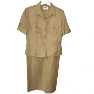 Kasper ASL Tan Linen Blend Short Sleeve Skirt Suit Set Size 12 Professional